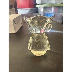 OWL ART BLOWN GLASS FIGURINE PAPERWEIGHT VINTAGE CLEAR GLASS MID-CENTURY 3.5”